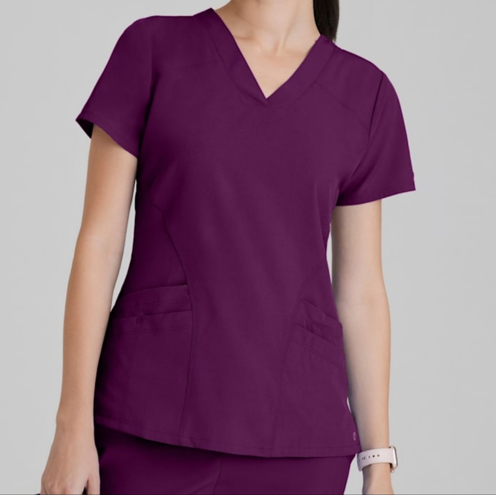 4 pocket Barco Sporty V Neck scrub top in Wine